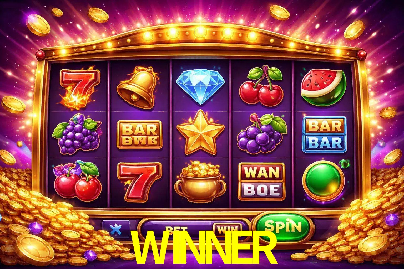 Una interfaz colorida de tragamonedas en línea con símbolos brillantes, monedas y un efecto de victoria celebratoria en WINNER.